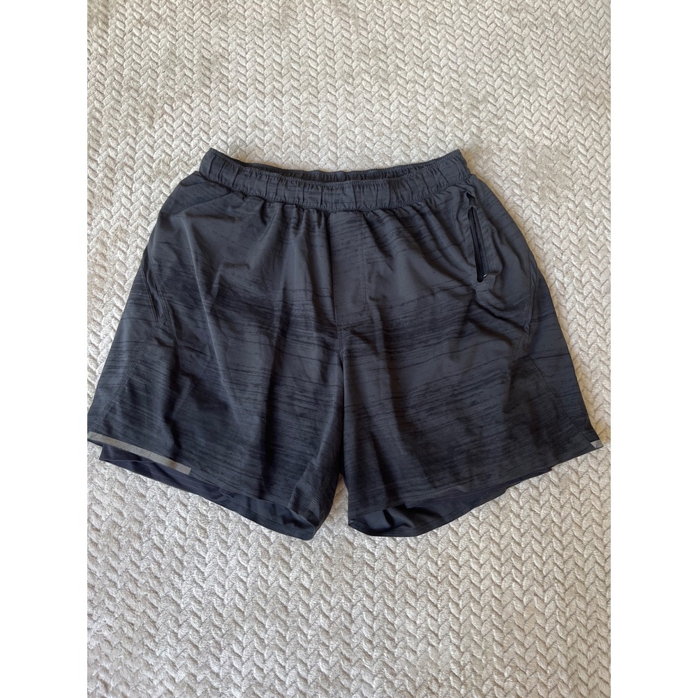 Lululemon Mens Surge Lined Shorts 6 Black Grey Space Dye Running Training Large